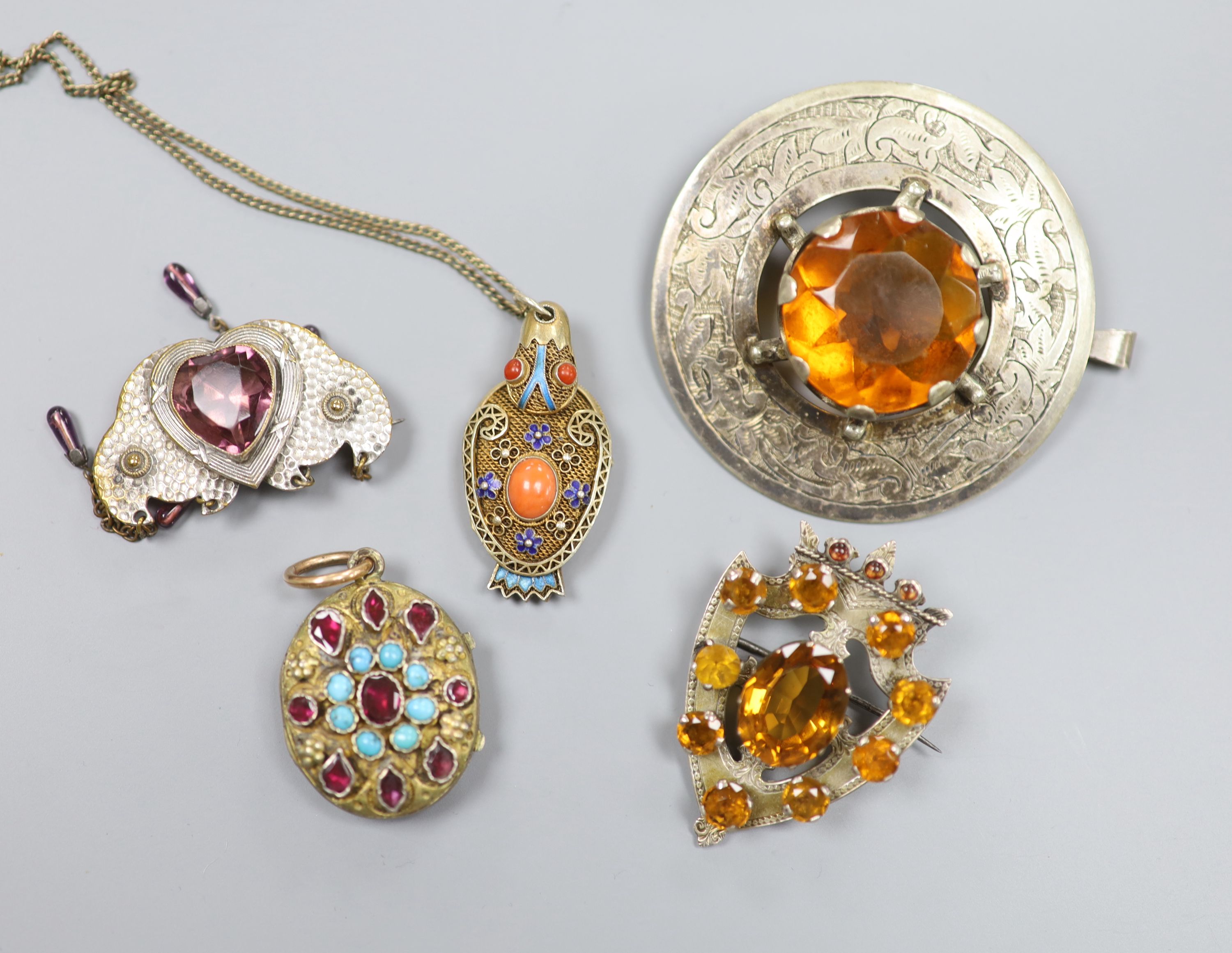 A Chinese filligree gilt white metal, coral and enamel set stylised duck locket, 41mm and other items.